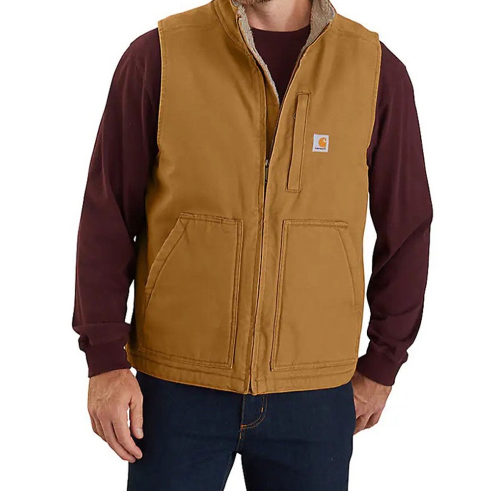 CARHARTT | MEN'S BROWN WASHED DUCK SHERPA LINED MOCK NECK WORK VEST - TALL